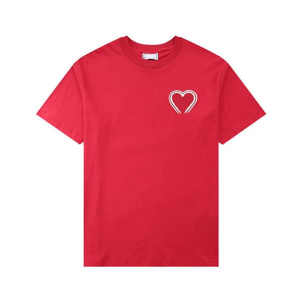 Paris Fashion Mens Designer t Shirt Amis Bordado Coração Vermelho Cor Sólida Big Love Gola Redonda Manga Curta T-shirt para Homens e Mulheres km