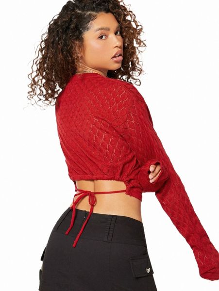 

women's sweaters bae tie back pointelle knit crop sweater h9mg#, White;black