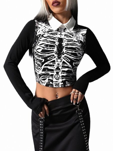 

women's t-shirt skeleton print crop tee 2022 new 65sb#, White