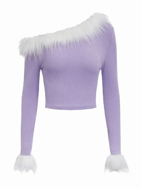 

women's t-shirt asymmetrical neck fuzzy trim tee w0i1#, White