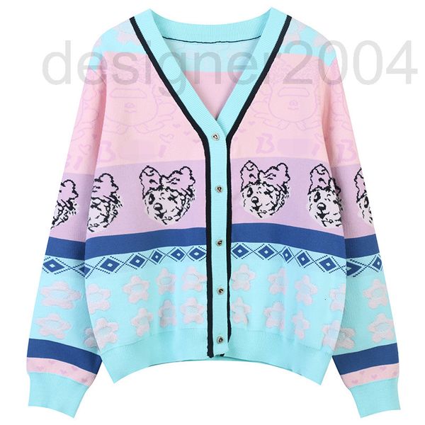 

women's sweaters designer spring coat women 2022 new v-neck contrast stripe cartoon jacquard sweet college style slim knit cardigan 33g, White;black