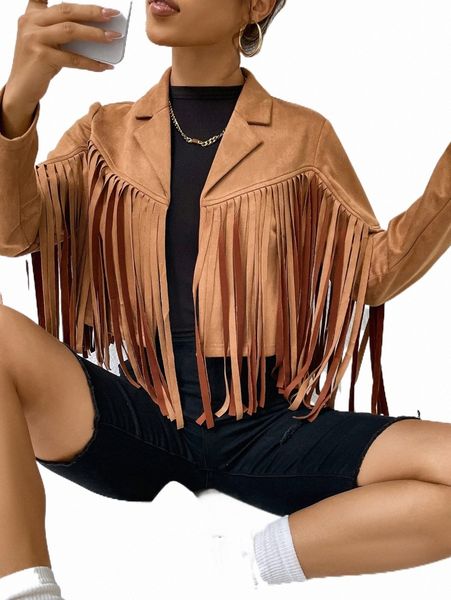 

women's jackets fringe trim lapel neck suedette jacket u6yk#, Black;brown