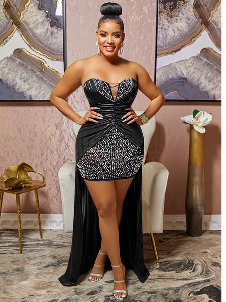 

casual dresses cm.yaya women strapless plunging v-neck high low asymmetrical mermaid maxi dress night party club long cocktail dresses 22082, Black;gray