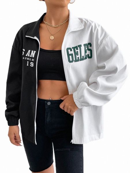 

women's down & parkas letter graphic two tone drop shoulder coat q3ty#, Black