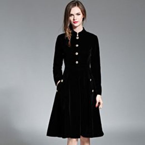 

casual dresses black vintage dress women elegant slim long sleeved velvet party ol office wear autumn winter robe vestidos, Black;gray