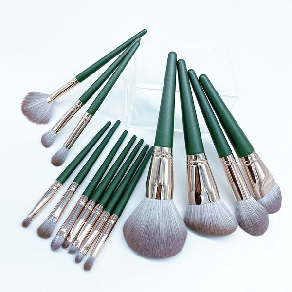 

14pcs green makeup brush set full face cosmetic brushes with storage pu bag beginner make up brush