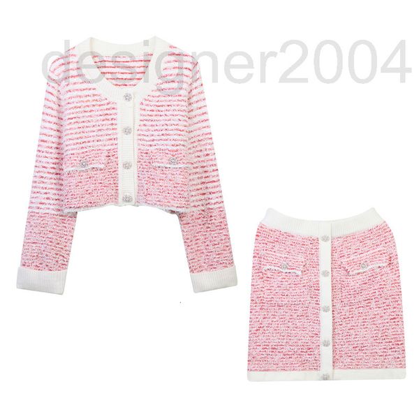 

women's blouses & shirts designer 2022 early autumn new women's knitted skirt set striped color contrast stud button short cardiga, White