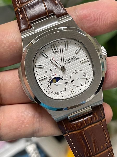 

men automatic mechanical watch black blue grey leather moon phase, Slivery;brown