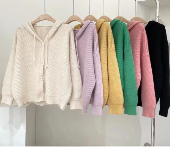 

women sweaters single-breasted long sleeve luxury ggity drawstring hooded knitted sweater coat cardigan top, White;black