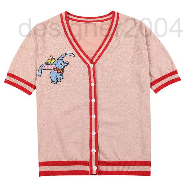 

women's sweaters designer 2019 summer new women's v-neck flying elephant embroidery stripe contrast short sleeve knitted cardigan, White;black