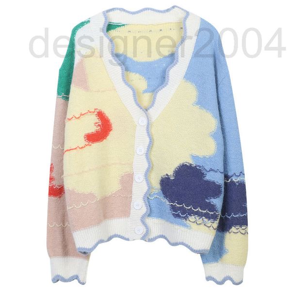 

women's sweaters designer 2022 early autumn new contrast geometric pattern jacquard wave edge loose v-neck long sleeve knitted cardigan, White;black