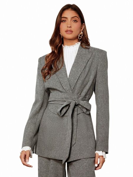 

women's two piece pants lapel collar belted blazer r5f4#, White