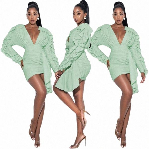 

casual dresses casual dresses 2022 solid color temperament ruffled v-neck halter slim long-sleeved dress suitable for nightclub beach party, Black;gray