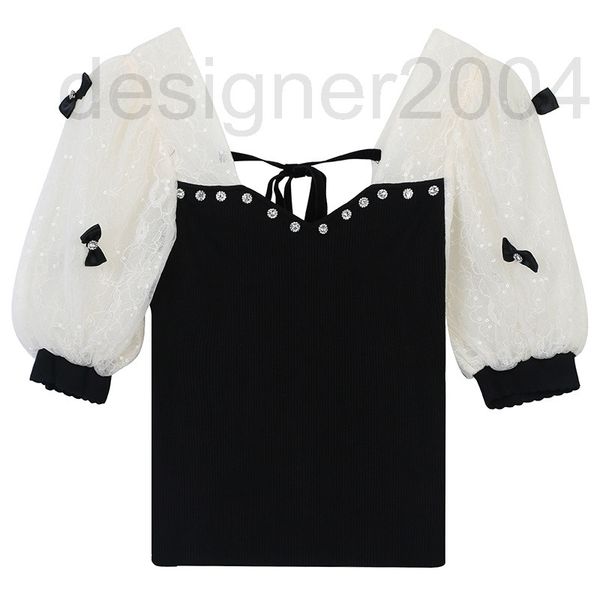 

women's sweaters designer xiaoxiangfeng knitted pullover is a new summer mesh bow splicing with elegant temperament. v-neck lantern sle, White;black