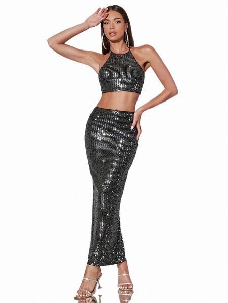 

two piece dress bae tie backless sequin halter & skirt set m6a7#, White
