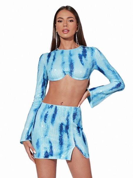 

two piece dress bae tie dye crop & split hem sequin skirt set l826#, White