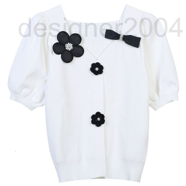 

women's sweaters designer french bubble sleeve sweater summer new flower bow three-dimensional decoration sweet slim v-neck female juv2, White;black
