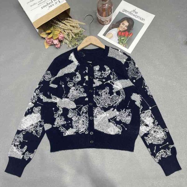 

women's knits tees d autumn and winter cattle fashion heavy industry flower cluster embroidery round neck knit cardigan temperament coa, White