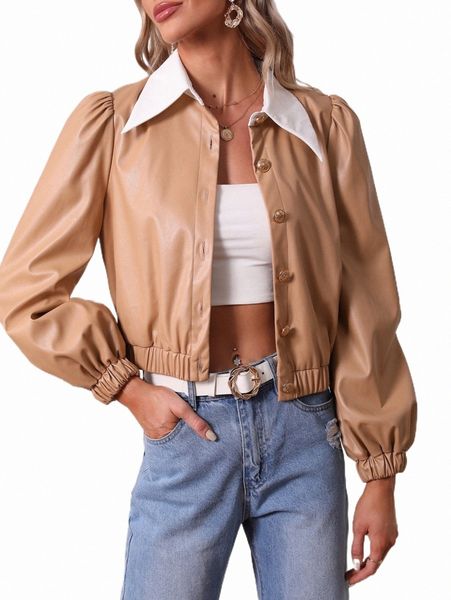

women's jackets contrast collar lantern sleeve pu leather jacket a9dh#, Black;brown