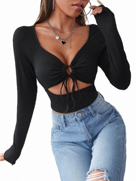 

women's t-shirt cut out drawstring front crop tee 29q0#, White