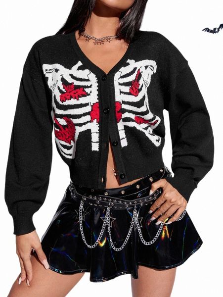 

women's sweaters skeleton pattern drop shoulder cardigan a4a4#, White;black