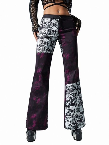 

women's pants & capris tie dye panel skull print flare leg pants b5fn#, Black;white
