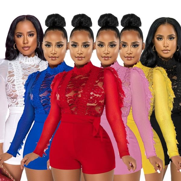 

autumn eyelash lace jumpsuits for women long sleeve shorts bodysuit perspective rompers, Black;white