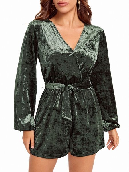 

women's jumpsuits & rompers overlap collar lantern sleeve belted velvet romper u5nw#, Black;white