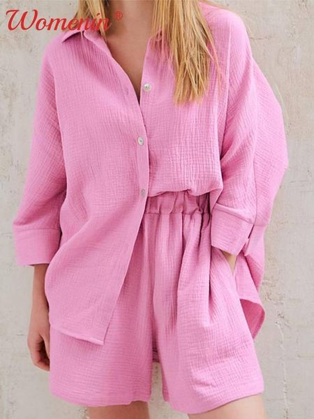 

two piece dress casual sets womens outifits long sleeve shirt shorts suit turn down collar button shirts solid suits female homewear 220830, White