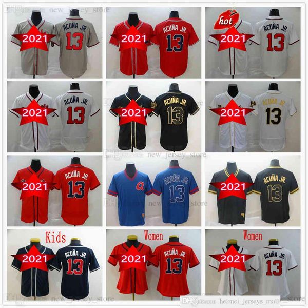 

2021 man women youth kids stitched baseball 13 ronald acuna jr. jerseys grey black gold white red dark blue jersey
