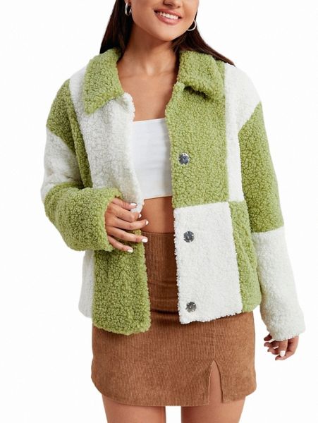 

women's jackets two tone drop shoulder teddy jacket v5zh#, Black;brown