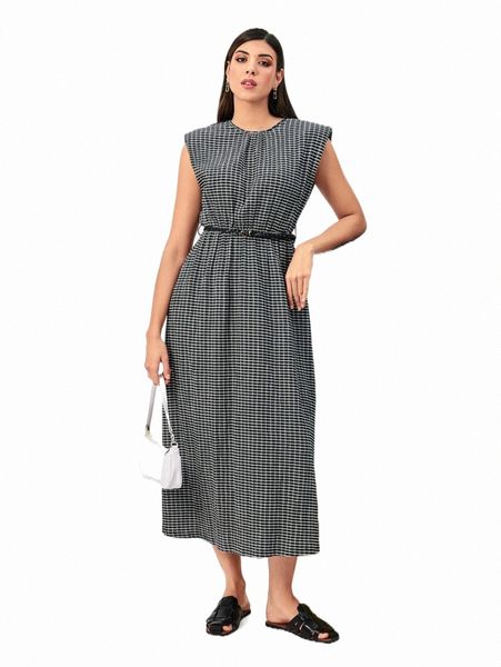 

casual dresses modely padded shoulder self belted plaid dress e7my#, Black;gray