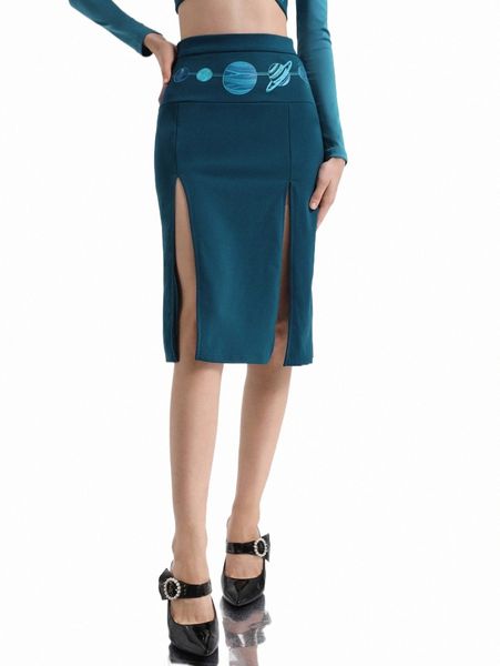 

skirts x close ties high waist planet print split thigh skirt b2lq#, Black