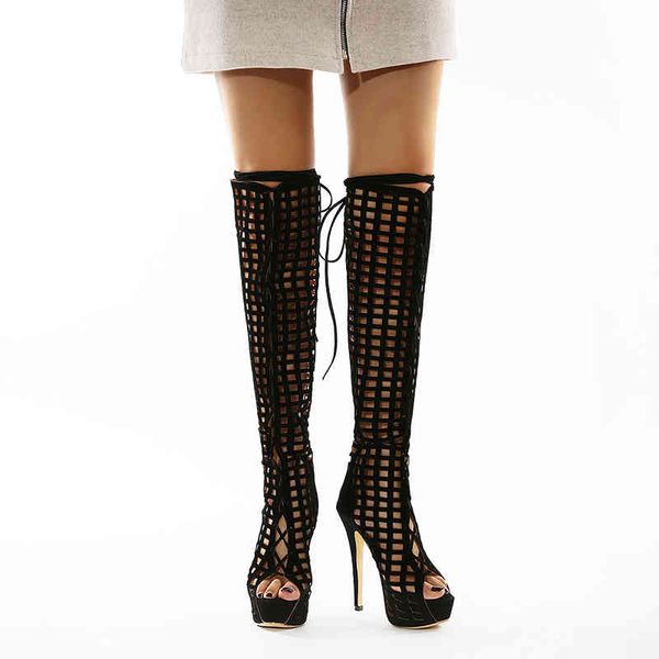 

boots style new hollow lace up knee high-heeled boots 996-19 available in sizes 35-42 220830, Black