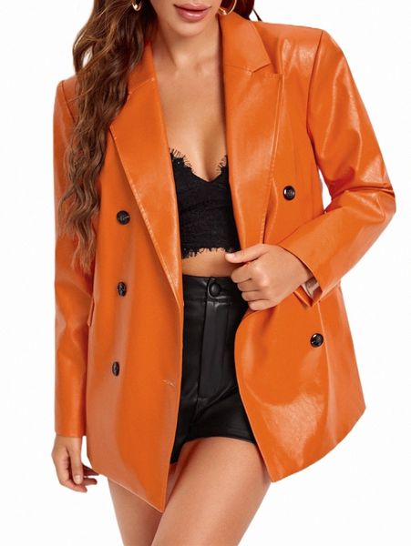 

women's two piece pants double breasted pu leather blazer n2tl#, White