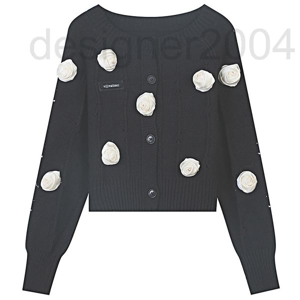 

women's sweaters designer 2022 early spring new three-dimensional rose stitching single breasted sweet slim round neck short knitted ca, White;black