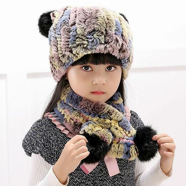 

winter fur hats and scarf sets children's real rex rabbit fur cap high elastic, Blue;gray