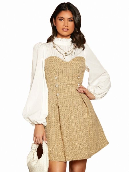 

casual dresses frilled neck buttoned front tweed 2 in 1 dress j2dx#, Black;gray
