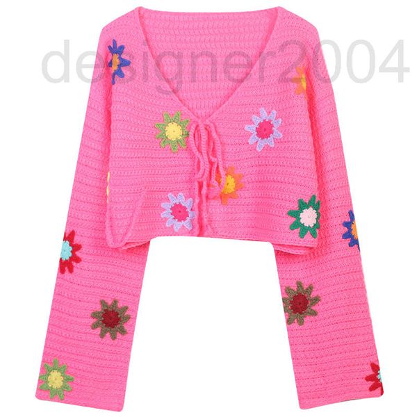 

women's sweaters designer knitted cardigan 2022 autumn new women's wear contrast flower embroidery lace up v-neck long sleeve shor, White;black