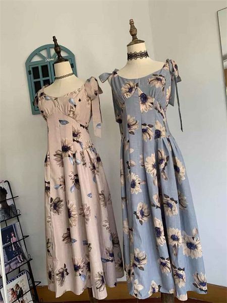 

casual dresses kuzuwata summer japanese vestidos print o neck sleeveless bowknot shoulder strap ribbon dresses sweet women's robe 0830, Black;gray
