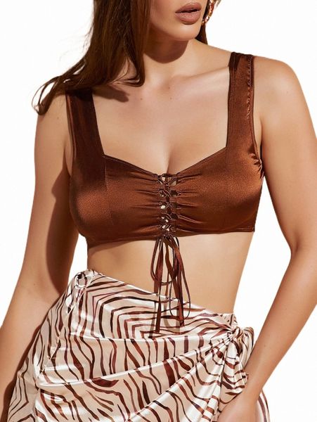 

women's tanks & camis bae ruched bust lace up front satin crop 010x#, White