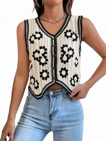 

women's sweaters floral pattern pointelle knit sweater vest p8vn#, White;black