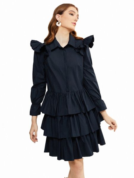 

casual dresses x jian lasala flounce sleeve ruffle trim layered hem dress o99u#, Black;gray