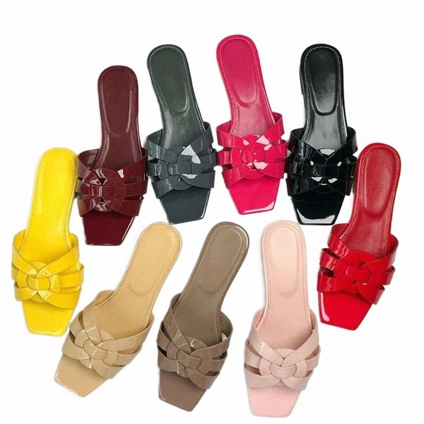 

sandals fashion womens patent leather slides interwoven lace up macaron designer flat rubber mules slippers casual dress shoes sizes 35-43, Black