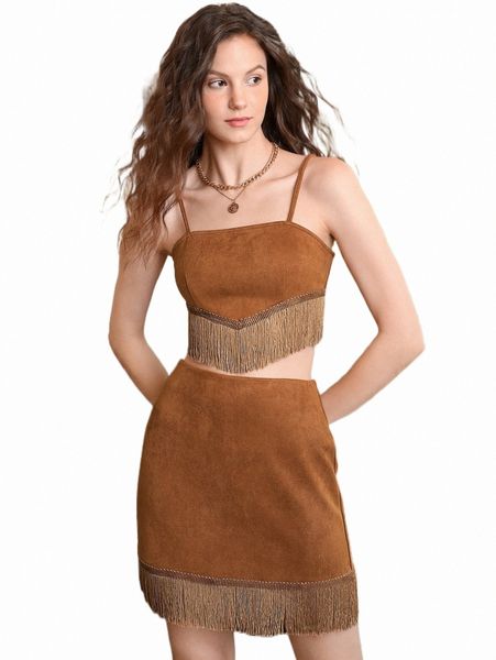 

two piece dress mod fringe hem faux suede cami & skirt set i1x5#, White