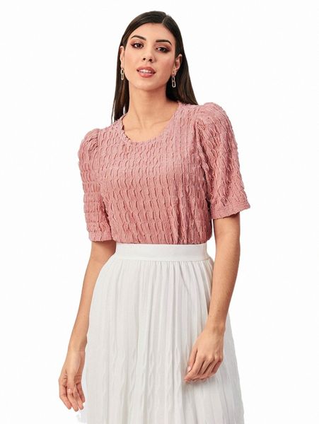 

women's t-shirt modely lettuce trim puff sleeve tee j06w#, White