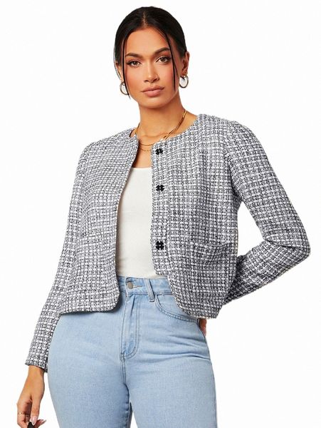 

women's down & parkas plaid tweed pocket patched overcoat 93wv#, Black