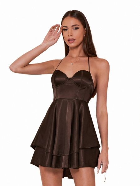 

casual dresses bae tie backless layered hem satin halter dress g1d3#, Black;gray