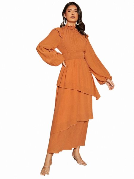 

casual dresses frill trim lantern sleeve layered hem dress g9fg#, Black;gray