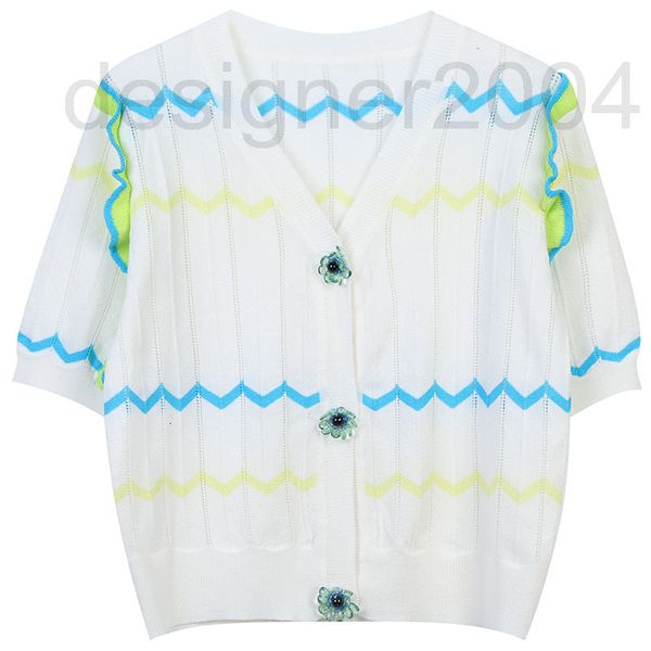 

women's sweaters designer 2022 summer new color contrast stripe small flower button ear edge design temperament celebrities v-neck knit, White;black